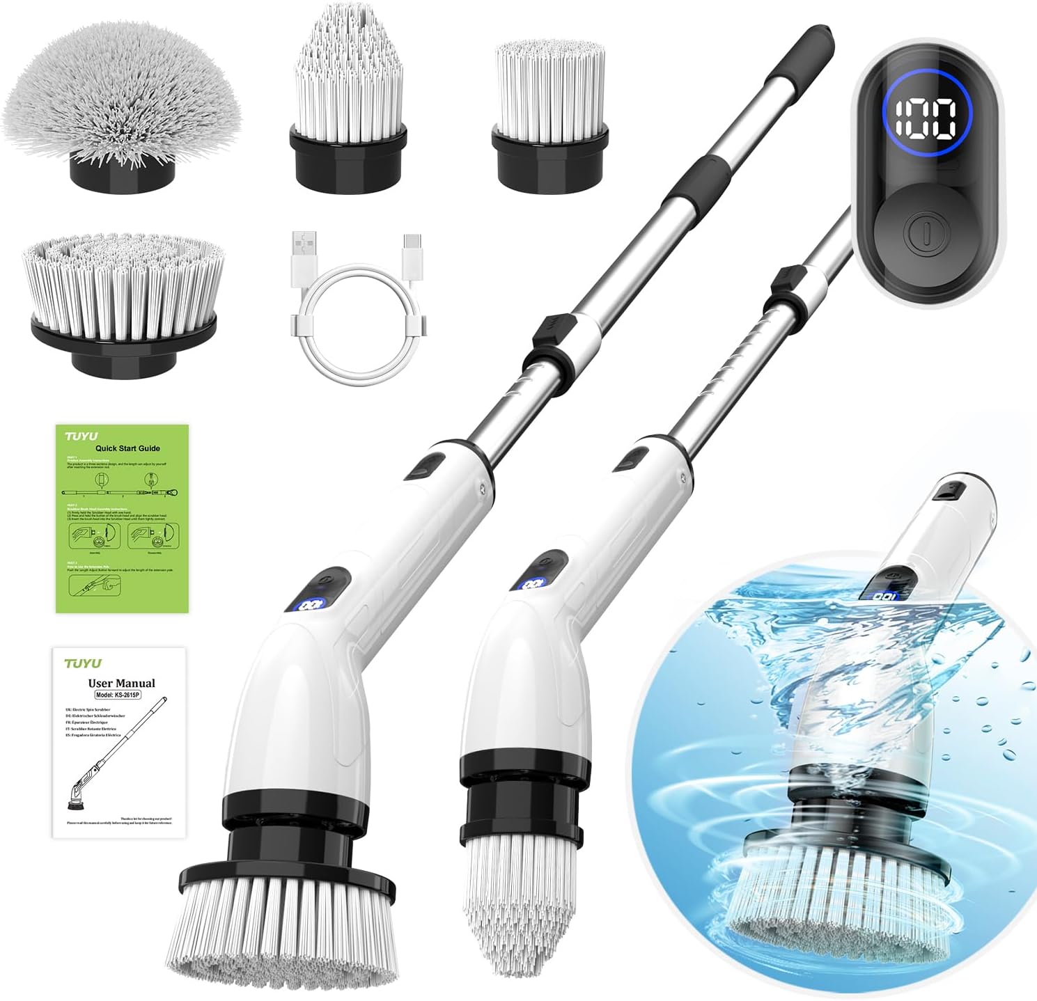 TUYU Electric Spin Scrubber with adjustable handle and brush head attachments